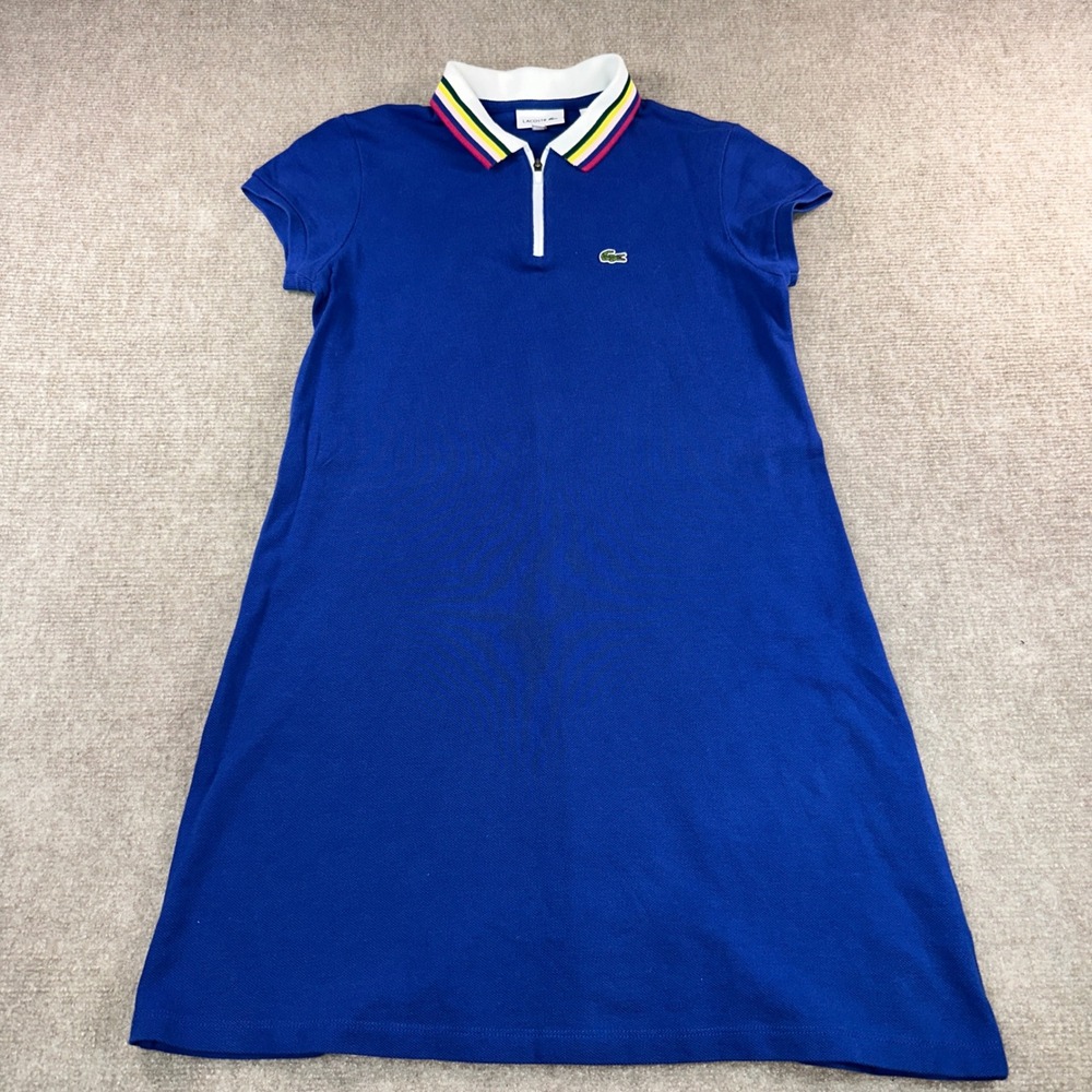 Lacoste Girls Royal Blue Pique Polo Dress Quarter Zip Striped Collar Size 12